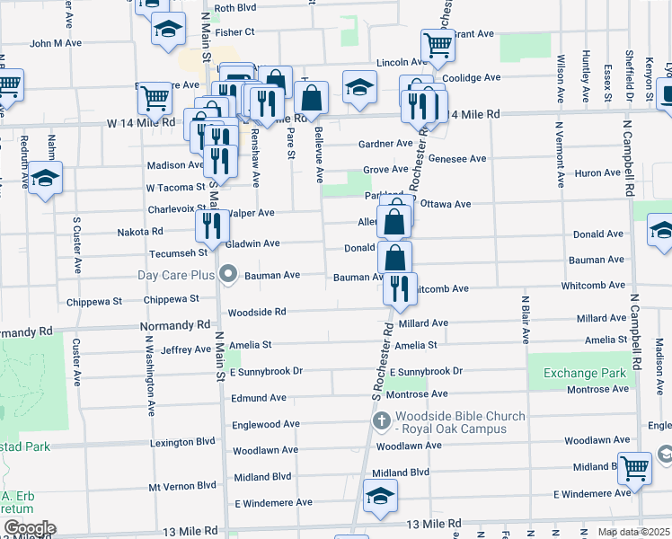 map of restaurants, bars, coffee shops, grocery stores, and more near 415 Bauman Avenue in Clawson