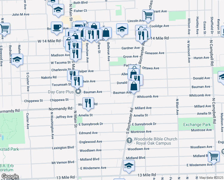 map of restaurants, bars, coffee shops, grocery stores, and more near 415 Bauman Avenue in Clawson