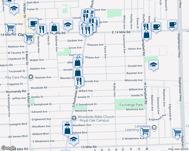 map of restaurants, bars, coffee shops, grocery stores, and more near 915 Whitcomb Avenue in Royal Oak