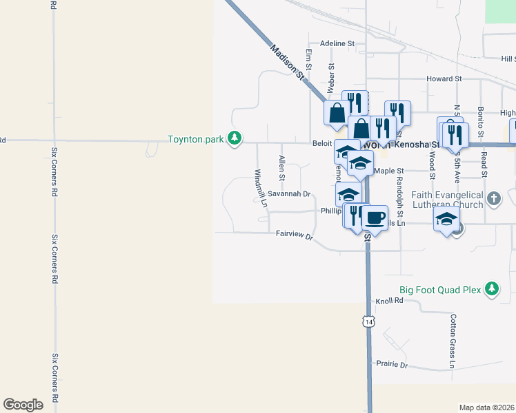 map of restaurants, bars, coffee shops, grocery stores, and more near 307 Windmill Lane in Walworth