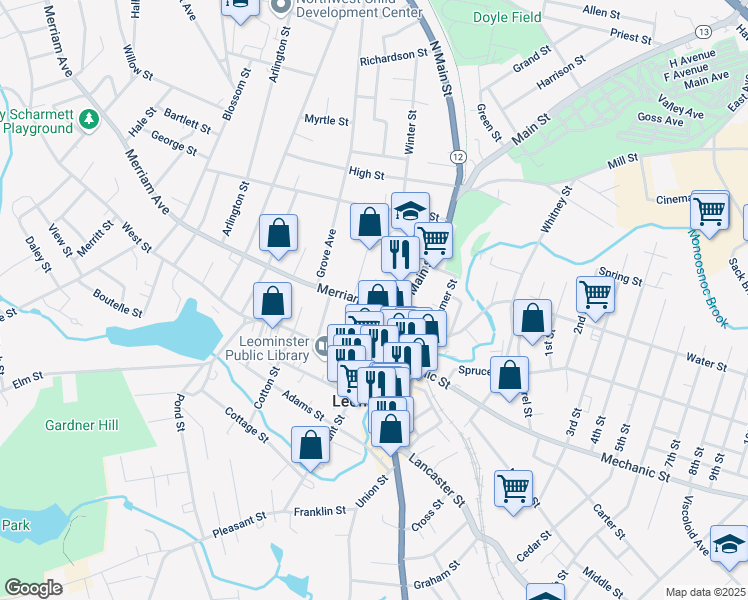 map of restaurants, bars, coffee shops, grocery stores, and more near 63 Merriam Avenue in Leominster