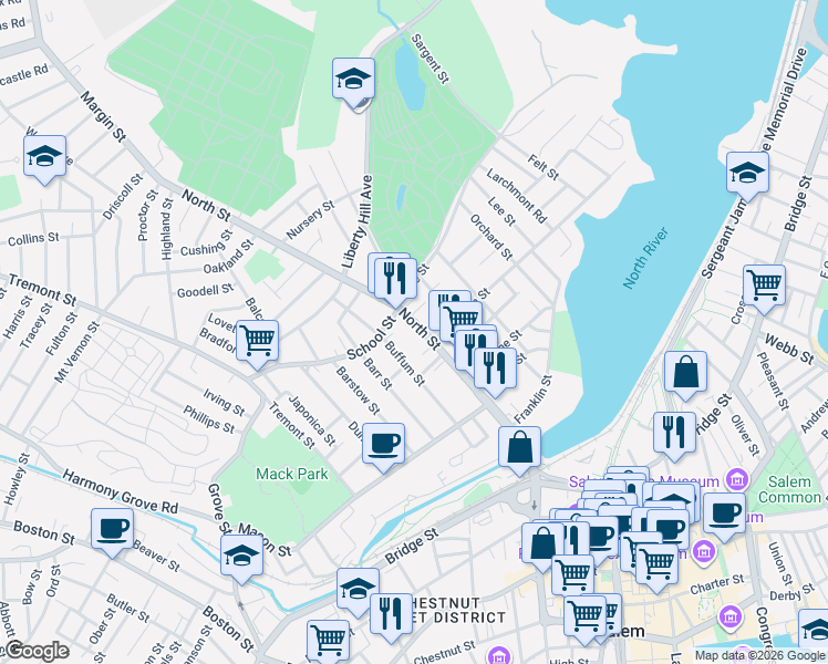 map of restaurants, bars, coffee shops, grocery stores, and more near 131 North Street in Salem