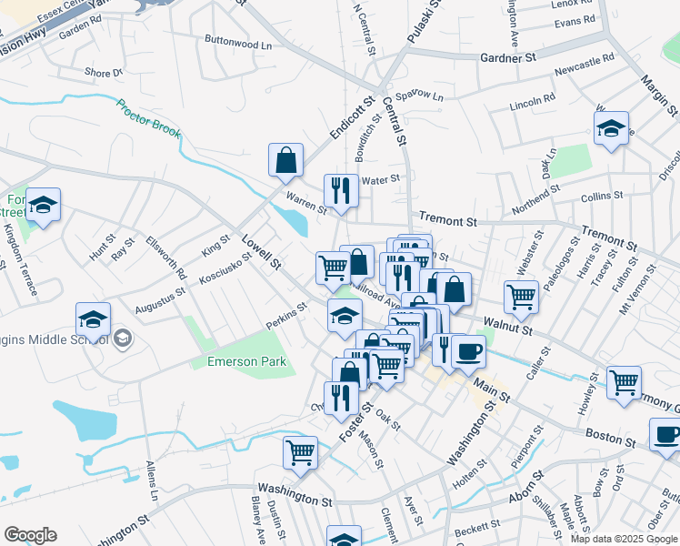 map of restaurants, bars, coffee shops, grocery stores, and more near 12 Crowninshield Street in Peabody