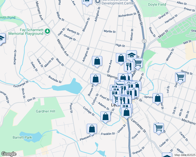 map of restaurants, bars, coffee shops, grocery stores, and more near 8 Gardner Place in Leominster