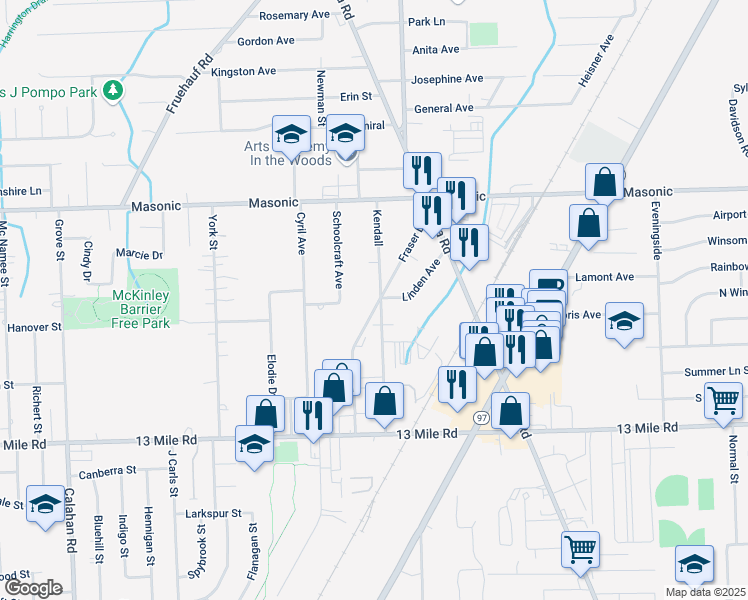 map of restaurants, bars, coffee shops, grocery stores, and more near 31577 Fraser Drive in Fraser