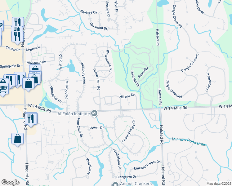 map of restaurants, bars, coffee shops, grocery stores, and more near 7183-7193 Hillside Dr in West Bloomfield Township