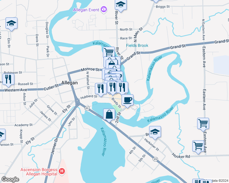 map of restaurants, bars, coffee shops, grocery stores, and more near 109 Locust Street in Allegan