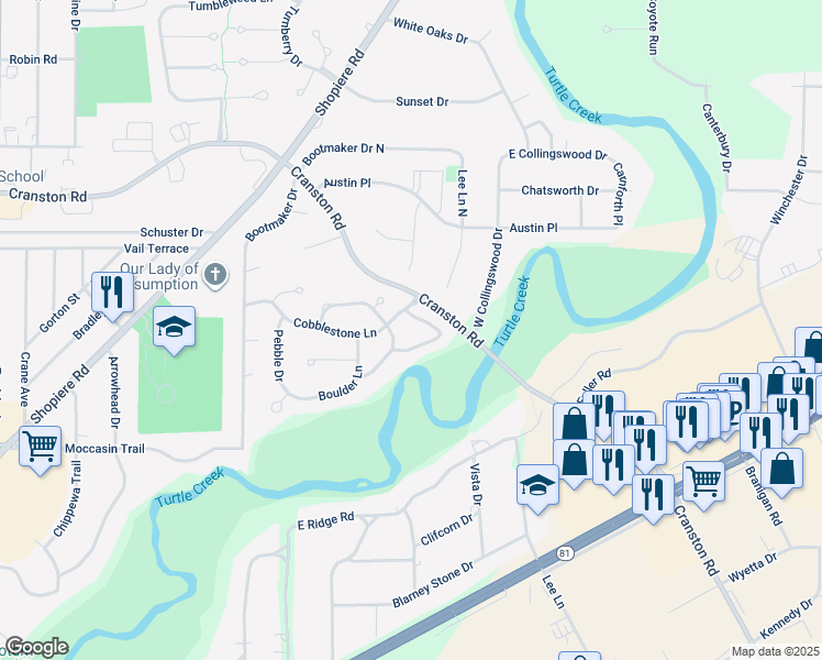 map of restaurants, bars, coffee shops, grocery stores, and more near 2432 Stonehedge Lane in Beloit