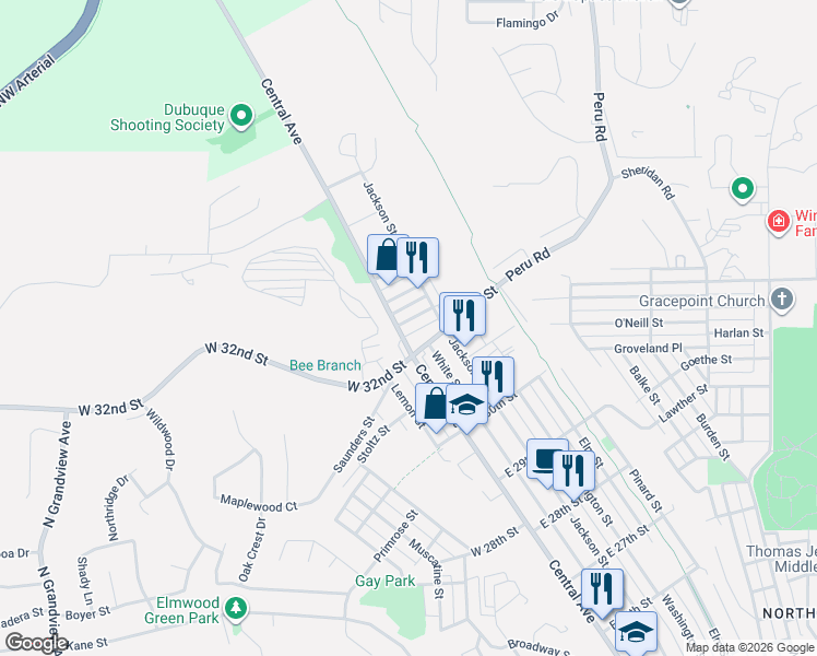 map of restaurants, bars, coffee shops, grocery stores, and more near 45 East 32nd Street in Dubuque