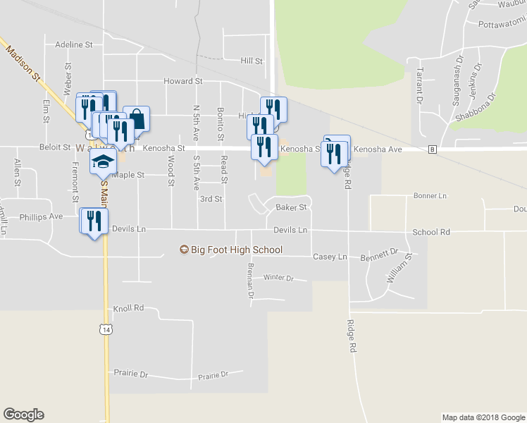 map of restaurants, bars, coffee shops, grocery stores, and more near 671 Cook Street in Walworth