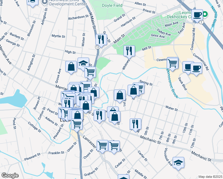 map of restaurants, bars, coffee shops, grocery stores, and more near 128 Water Street in Leominster