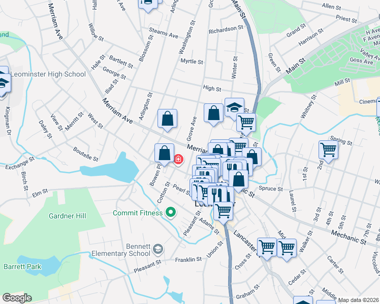 map of restaurants, bars, coffee shops, grocery stores, and more near 32 School Street in Leominster