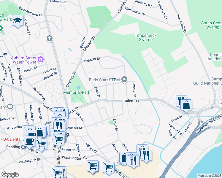map of restaurants, bars, coffee shops, grocery stores, and more near 20 Pierce Street in Reading