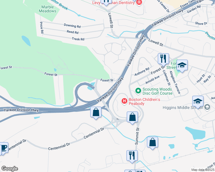map of restaurants, bars, coffee shops, grocery stores, and more near 96 Forest Street in Peabody