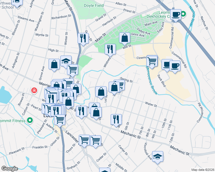 map of restaurants, bars, coffee shops, grocery stores, and more near 25 1st Street in Leominster