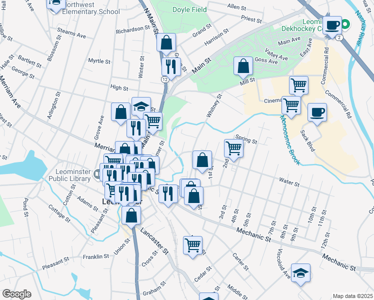 map of restaurants, bars, coffee shops, grocery stores, and more near 124 Water Street in Leominster