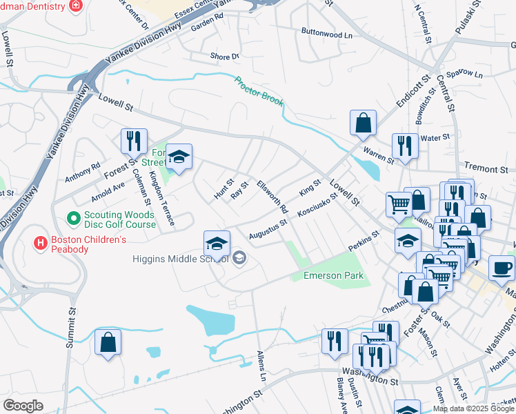 map of restaurants, bars, coffee shops, grocery stores, and more near 45 King Street in Peabody