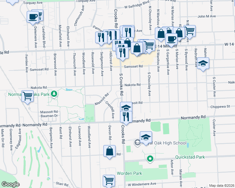 map of restaurants, bars, coffee shops, grocery stores, and more near 4333 Manor Avenue in Royal Oak