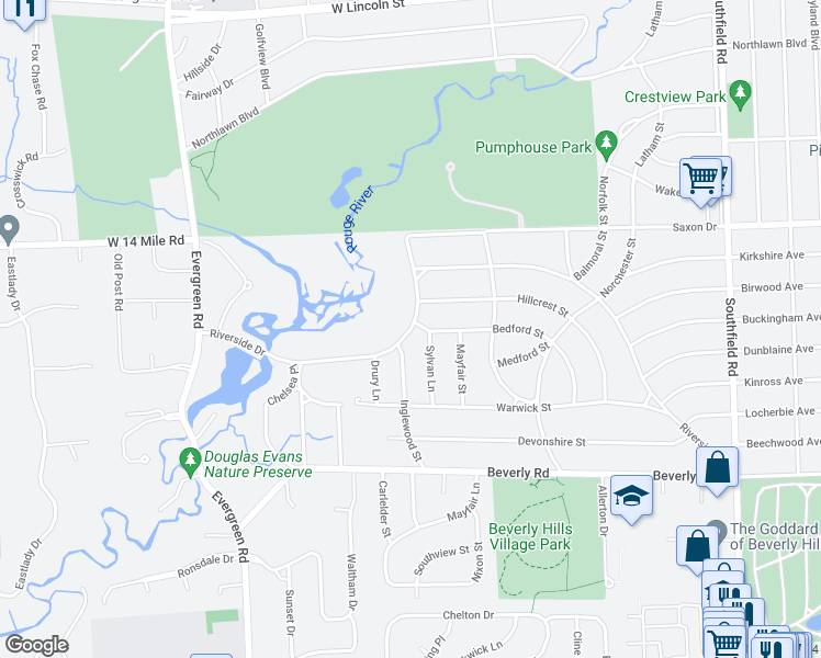 map of restaurants, bars, coffee shops, grocery stores, and more near Riverside Drive in Beverly Hills