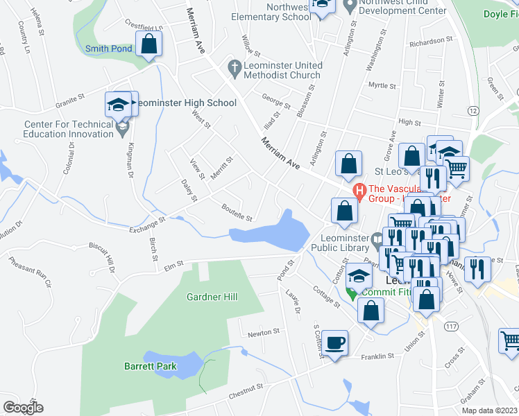 map of restaurants, bars, coffee shops, grocery stores, and more near 36 Boutelle Street in Leominster