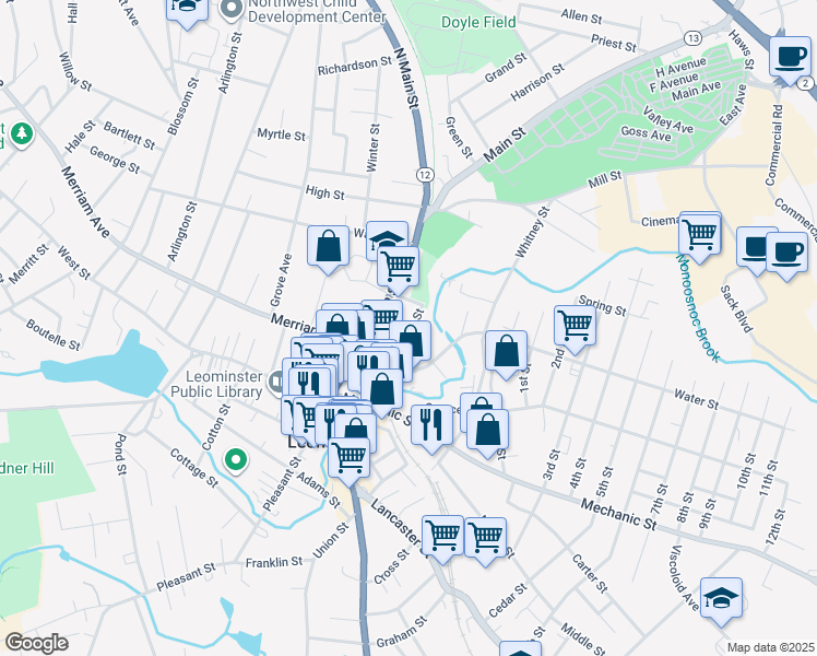 map of restaurants, bars, coffee shops, grocery stores, and more near 40 Summer Street in Leominster