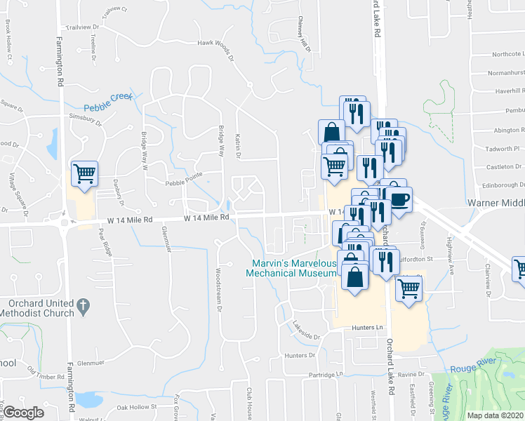 map of restaurants, bars, coffee shops, grocery stores, and more near 5856 Vassar Drive South in West Bloomfield Township CDP