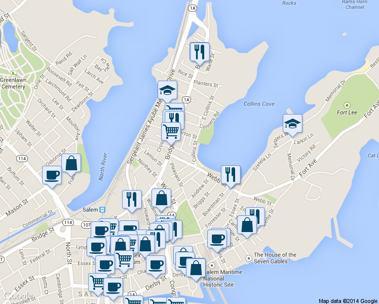 map of restaurants, bars, coffee shops, grocery stores, and more near 36 Arbella Street in Salem