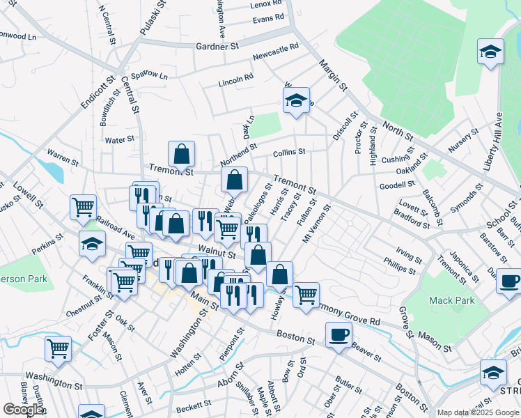map of restaurants, bars, coffee shops, grocery stores, and more near 9 Center Street in Peabody
