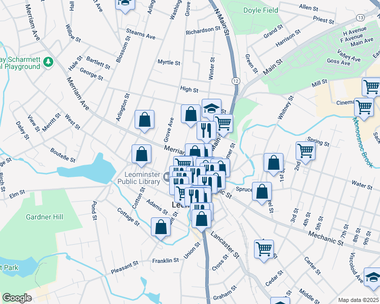 map of restaurants, bars, coffee shops, grocery stores, and more near 63 Merriam Avenue in Leominster