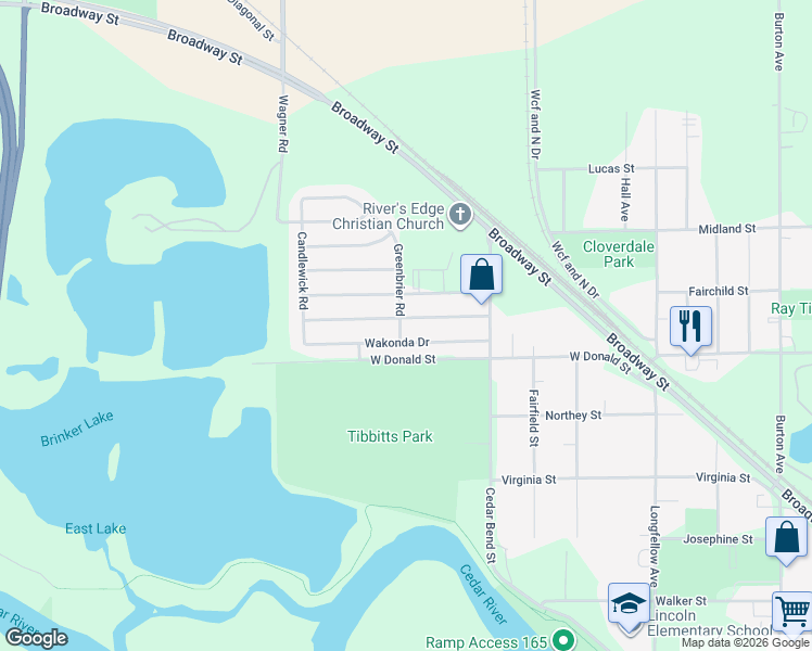 map of restaurants, bars, coffee shops, grocery stores, and more near 1566 Wakonda Drive in Waterloo