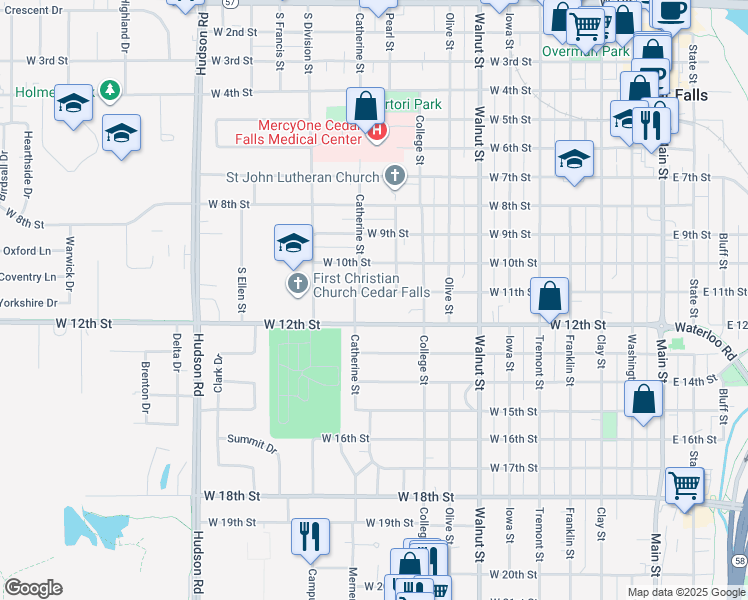 map of restaurants, bars, coffee shops, grocery stores, and more near 1024 West 11th Street in Cedar Falls