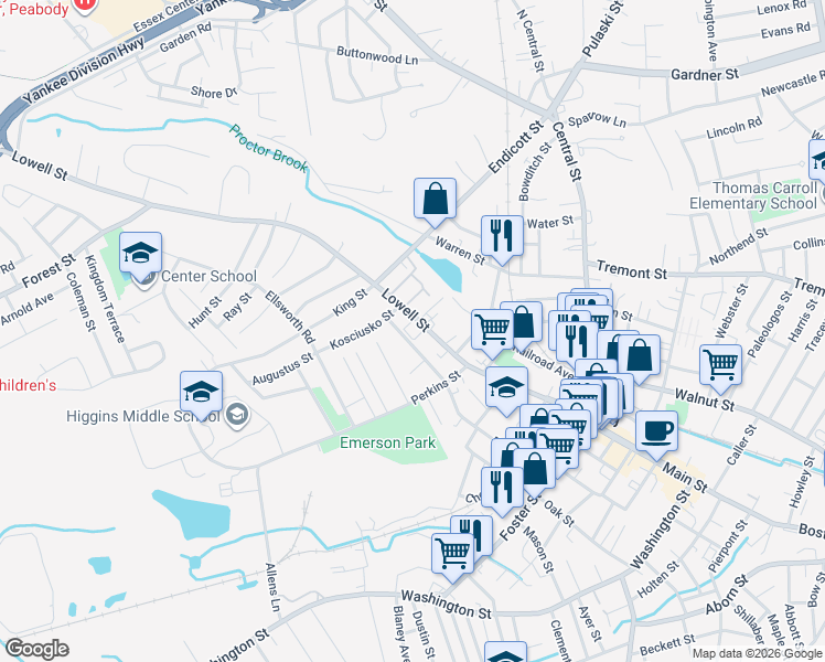 map of restaurants, bars, coffee shops, grocery stores, and more near 108 Lowell Street in Peabody