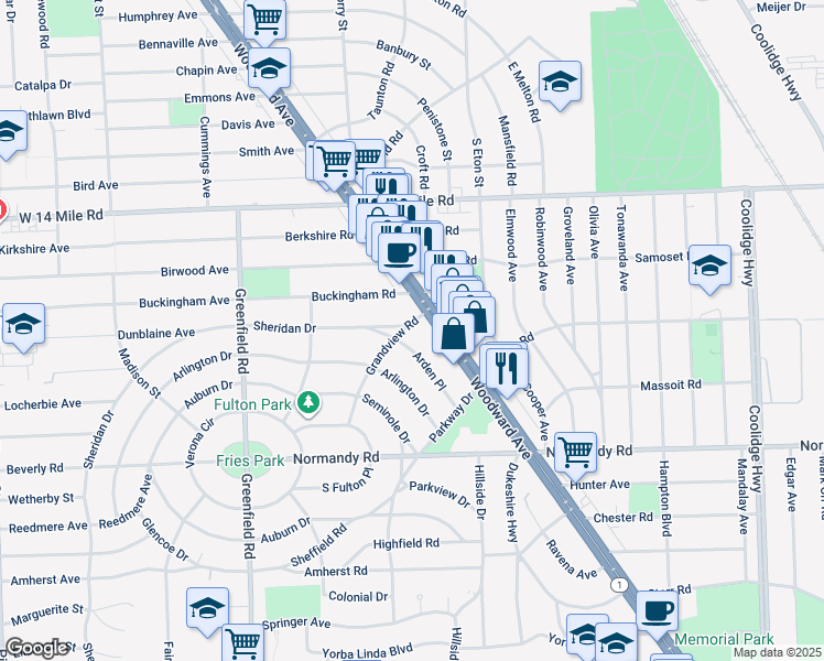 map of restaurants, bars, coffee shops, grocery stores, and more near 4374 Arden Place in Royal Oak