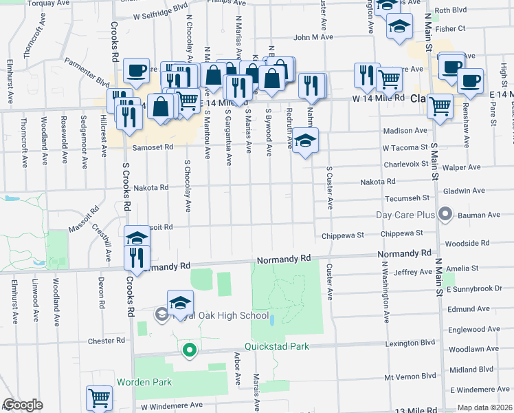 map of restaurants, bars, coffee shops, grocery stores, and more near 645 South Marias Avenue in Clawson
