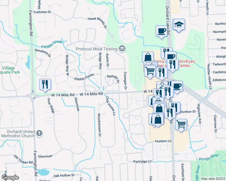 map of restaurants, bars, coffee shops, grocery stores, and more near 5878 Vassar Drive South in West Bloomfield Township