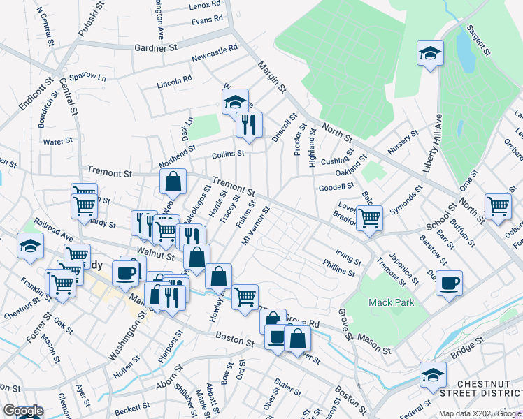 map of restaurants, bars, coffee shops, grocery stores, and more near 46 Mount Vernon Street in Peabody
