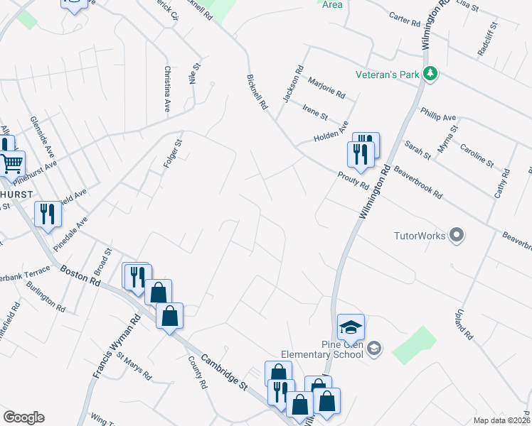 map of restaurants, bars, coffee shops, grocery stores, and more near 26 Ellen Road in Burlington