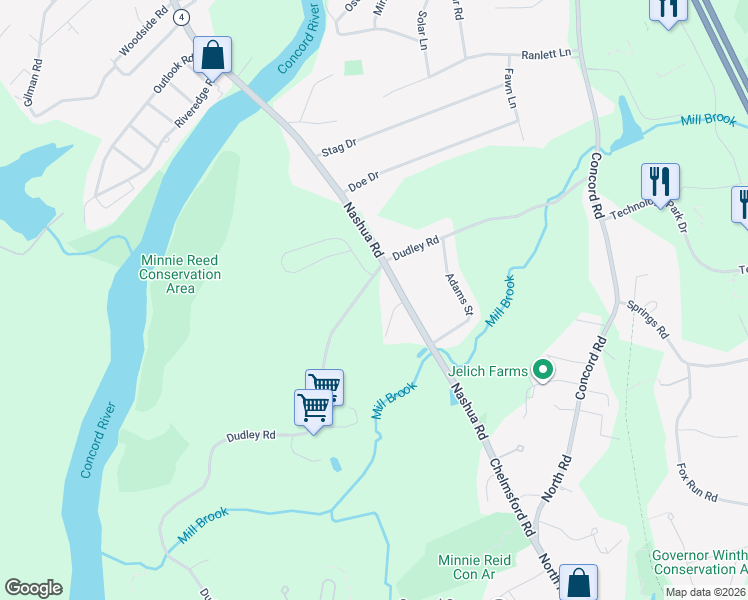 map of restaurants, bars, coffee shops, grocery stores, and more near 66 Dudley Road in Billerica