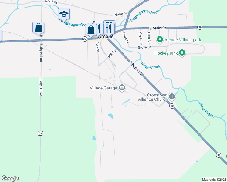 map of restaurants, bars, coffee shops, grocery stores, and more near 3 Jackson Avenue in Arcade
