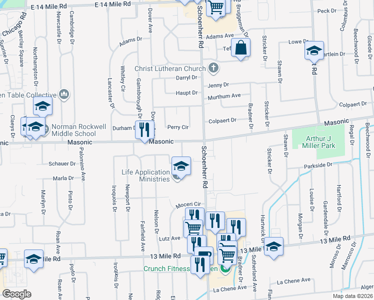 map of restaurants, bars, coffee shops, grocery stores, and more near 31745 Eiffel Avenue in Warren