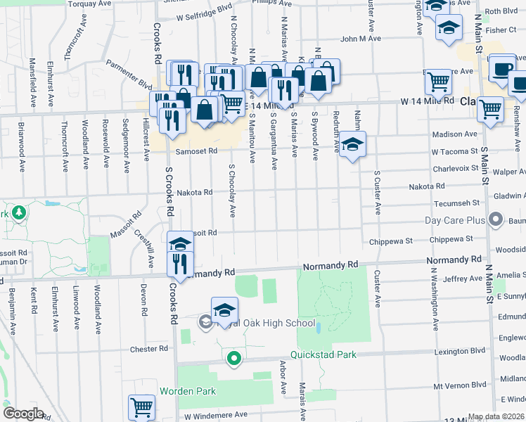 map of restaurants, bars, coffee shops, grocery stores, and more near 631 South Manitou Avenue in Clawson