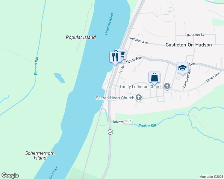 map of restaurants, bars, coffee shops, grocery stores, and more near 114 South Main Street in Castleton-on-Hudson