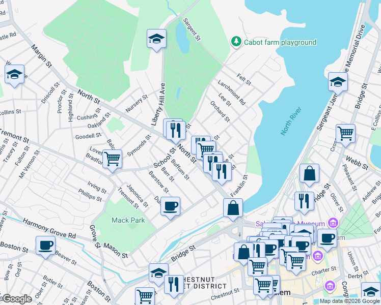 map of restaurants, bars, coffee shops, grocery stores, and more near 144 North Street in Salem