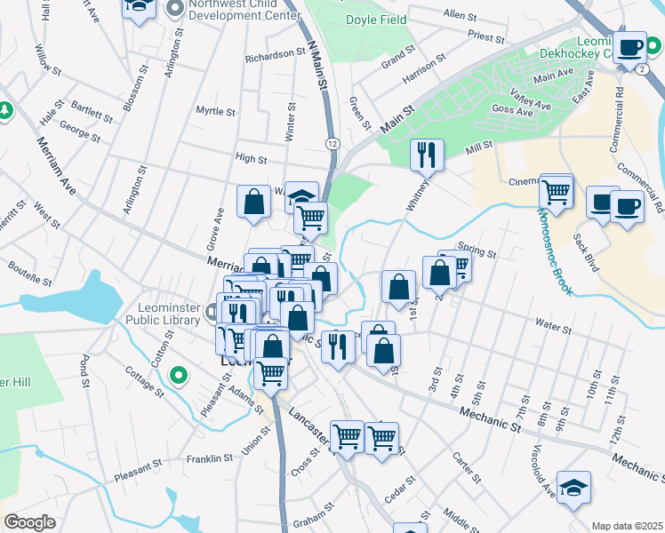 map of restaurants, bars, coffee shops, grocery stores, and more near 45 Summer Street in Leominster