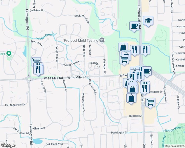 map of restaurants, bars, coffee shops, grocery stores, and more near 5886 Vassar Drive South in West Bloomfield Township