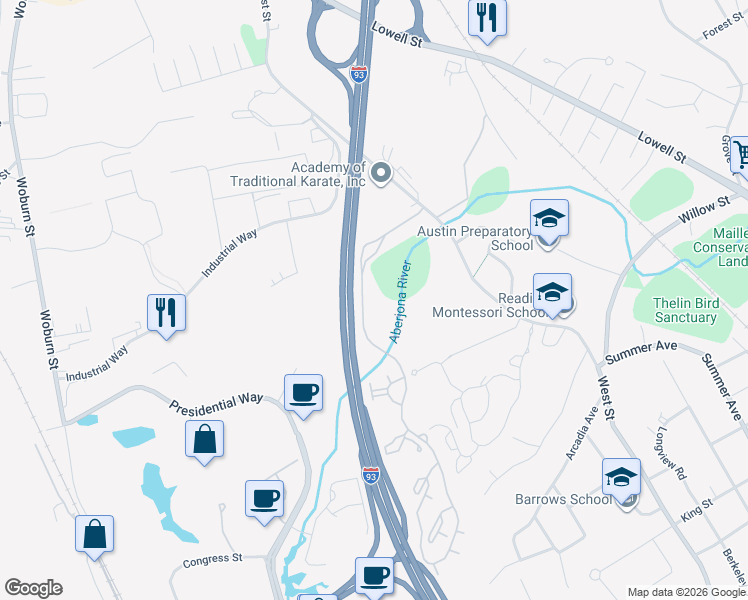 map of restaurants, bars, coffee shops, grocery stores, and more near 2 Inwood Drive in Woburn