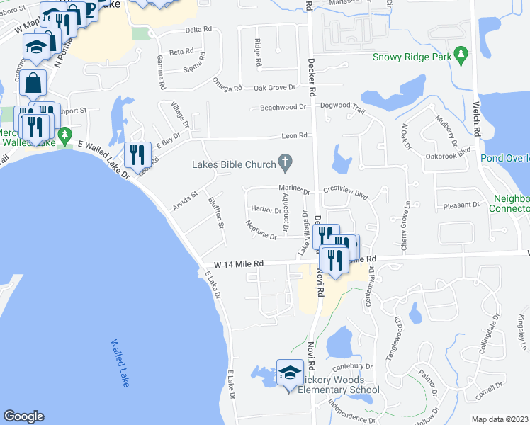 map of restaurants, bars, coffee shops, grocery stores, and more near 250 Neptune Drive in Walled Lake