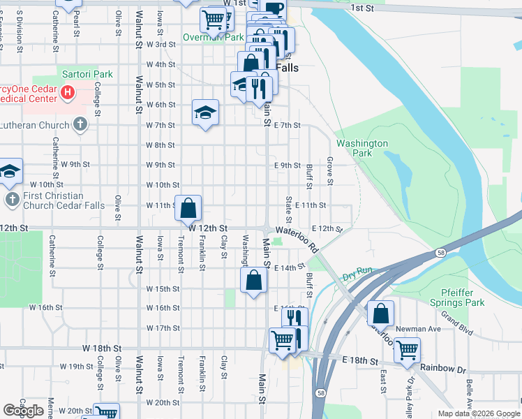 map of restaurants, bars, coffee shops, grocery stores, and more near 1120 Washington Street in Cedar Falls