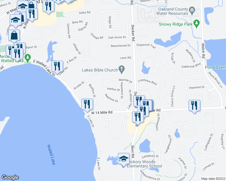 map of restaurants, bars, coffee shops, grocery stores, and more near 265 Inlet Court in Walled Lake