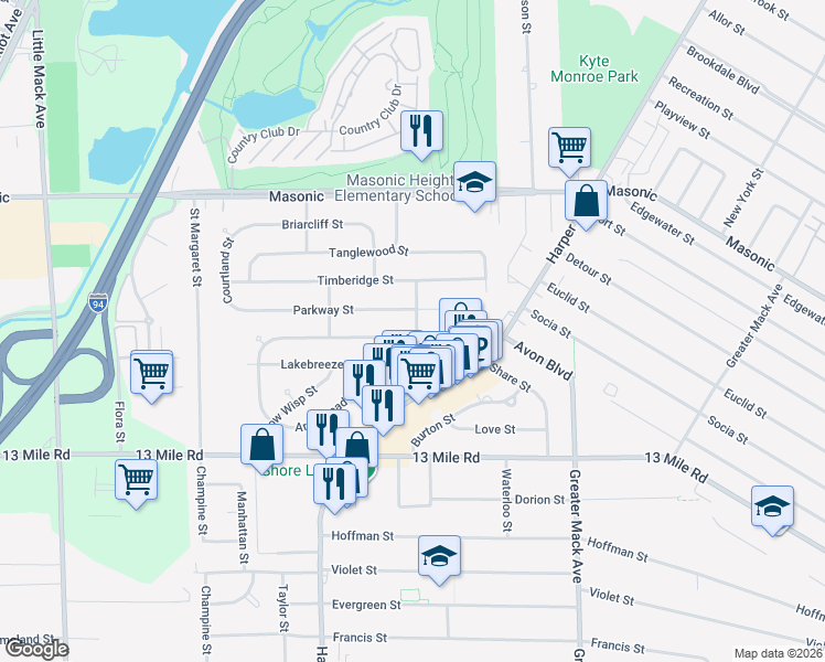map of restaurants, bars, coffee shops, grocery stores, and more near 21748 Share Street in St. Clair Shores